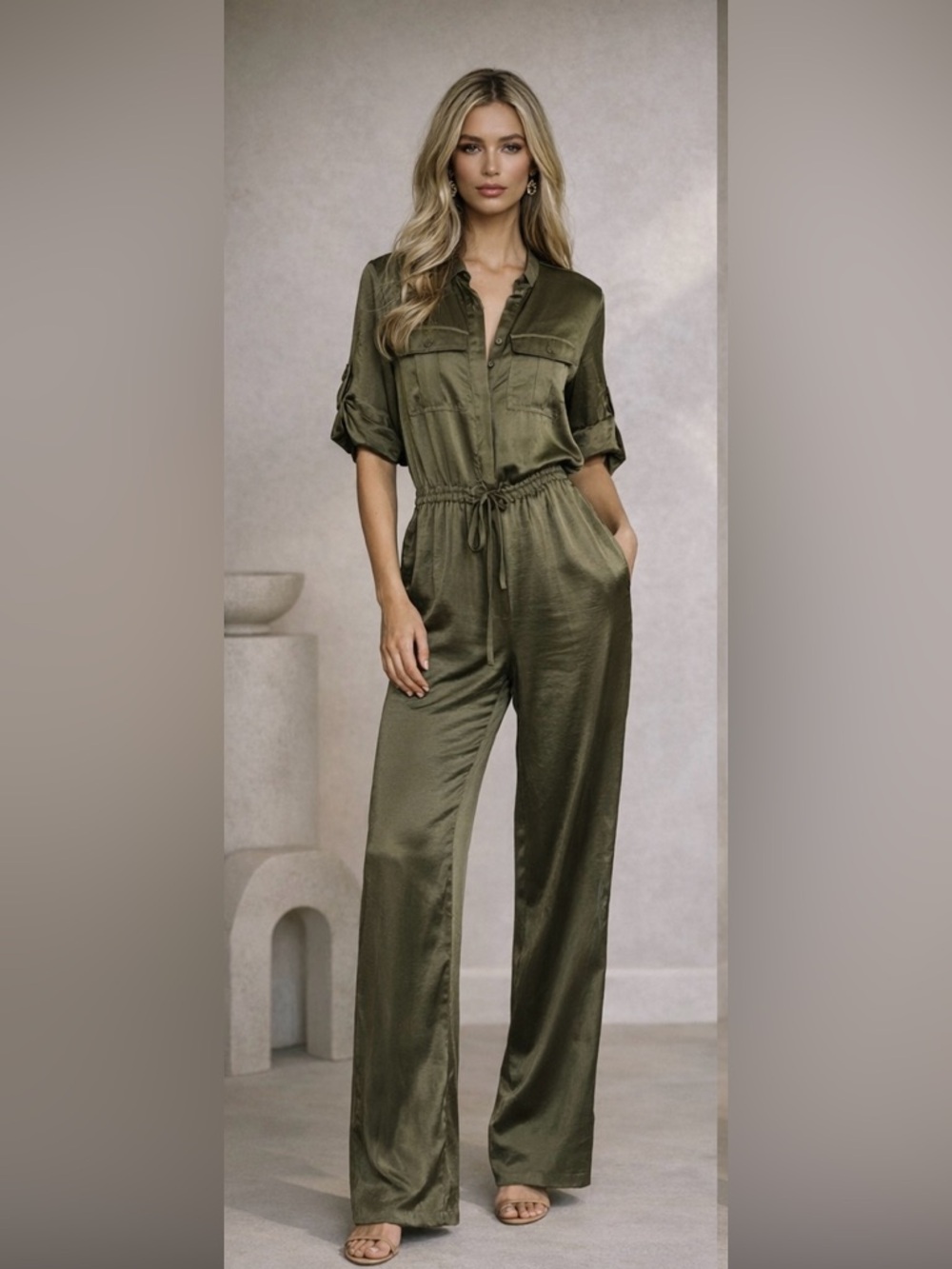 DKNY Satin  Jumpsuit Olive Green Size M NWT